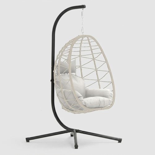 DoubleTT Wicker Egg Chair with Stand, Beige and Light Grey