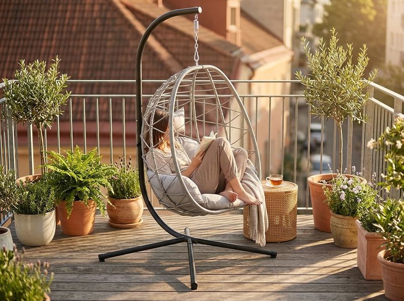 DoubleTT Wicker Egg Chair with Stand on an apartment balcony