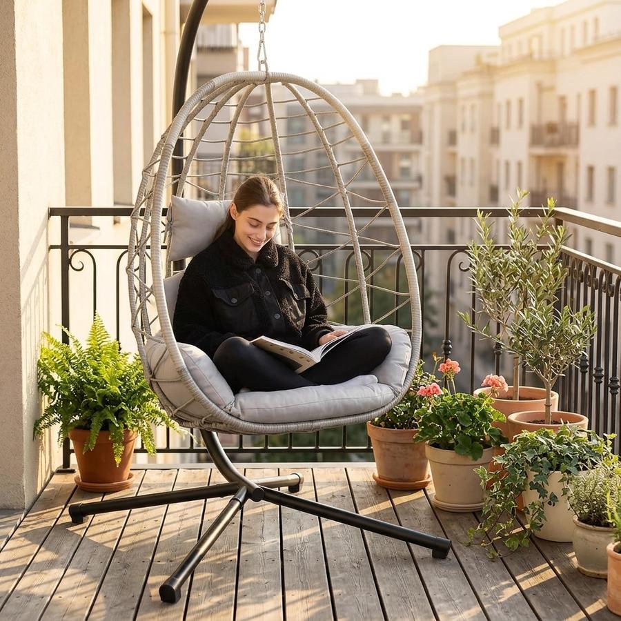 DoubleTT Egg Chair with Stand, Beige and Light Grey, on a deck